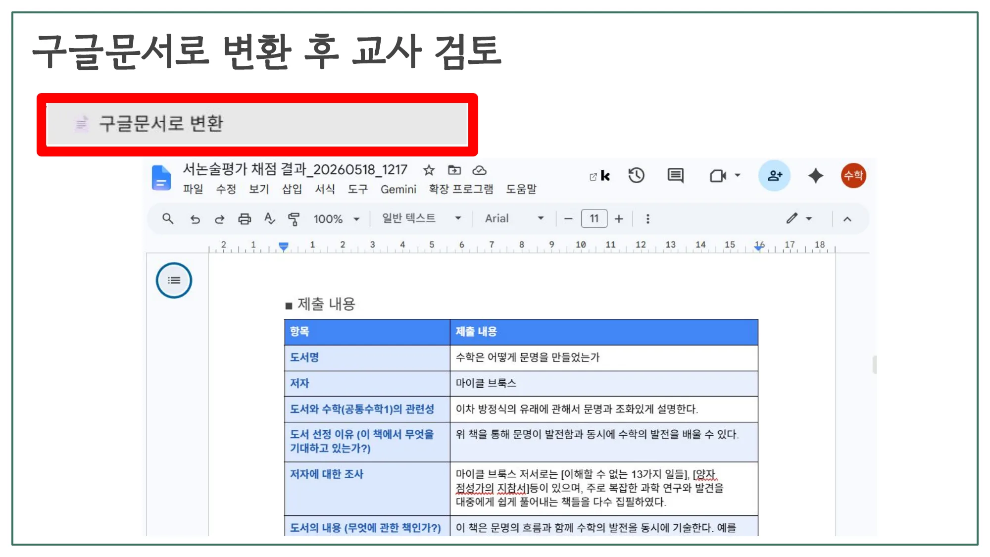 슬라이드 12 — 구글문서로 변환 후 교사 검토