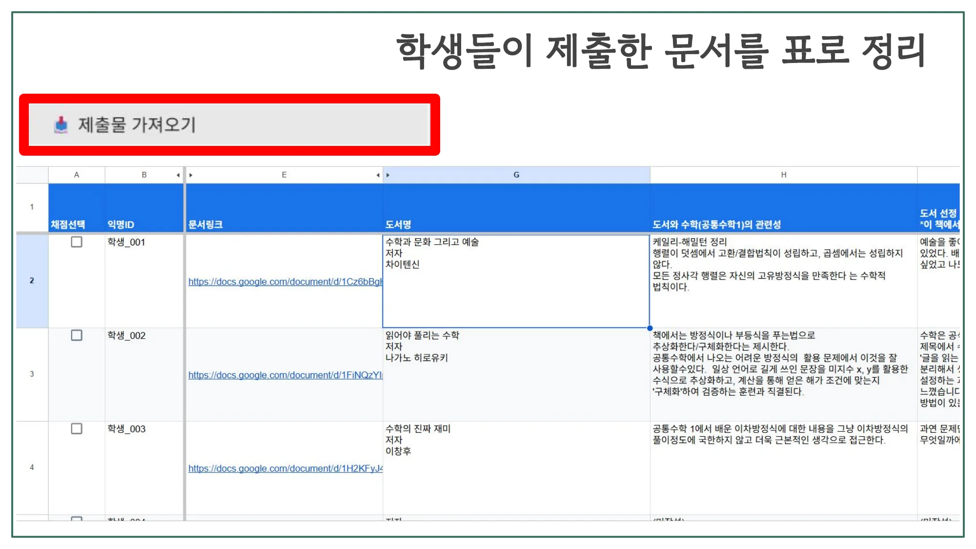 슬라이드 20 — 학생들이 제출한 문서를 표로 정리